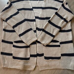 Carly Jean Los Angeles- Striped Beige and Navy women’s cardigan sweater